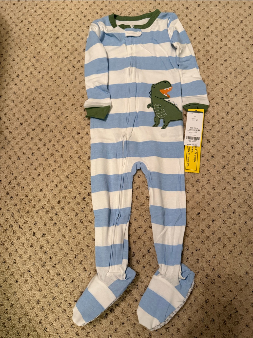 Carter's Blue & White Striped Dino Footed Pajamas